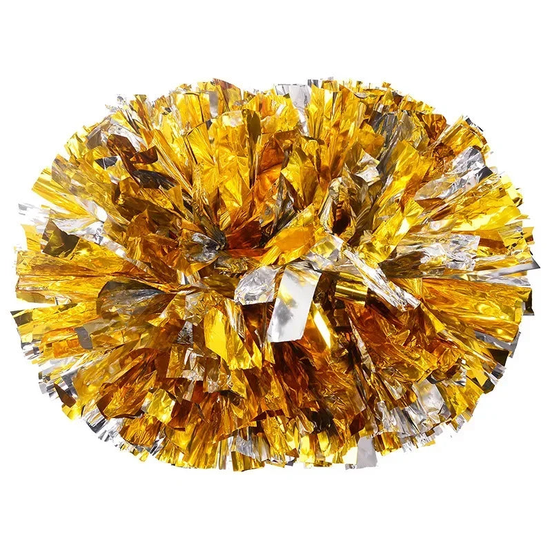 A spherical pom pom made of shiny gold and silver shredded material.