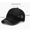 Black breathable mesh baseball cap shown from the top view with size measurements.