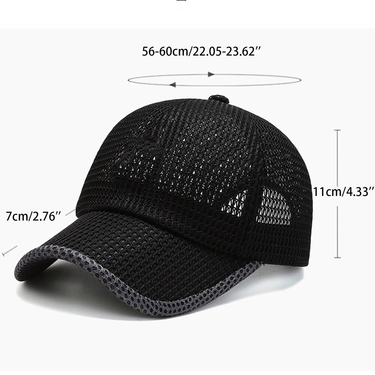 Black breathable mesh baseball cap shown from the top view with size measurements.