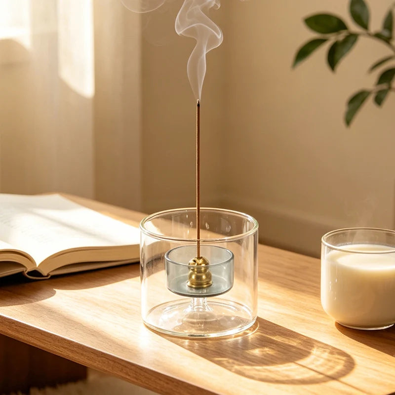 A clear glass incense burner with a dark stick emitting smoke on a wooden table.