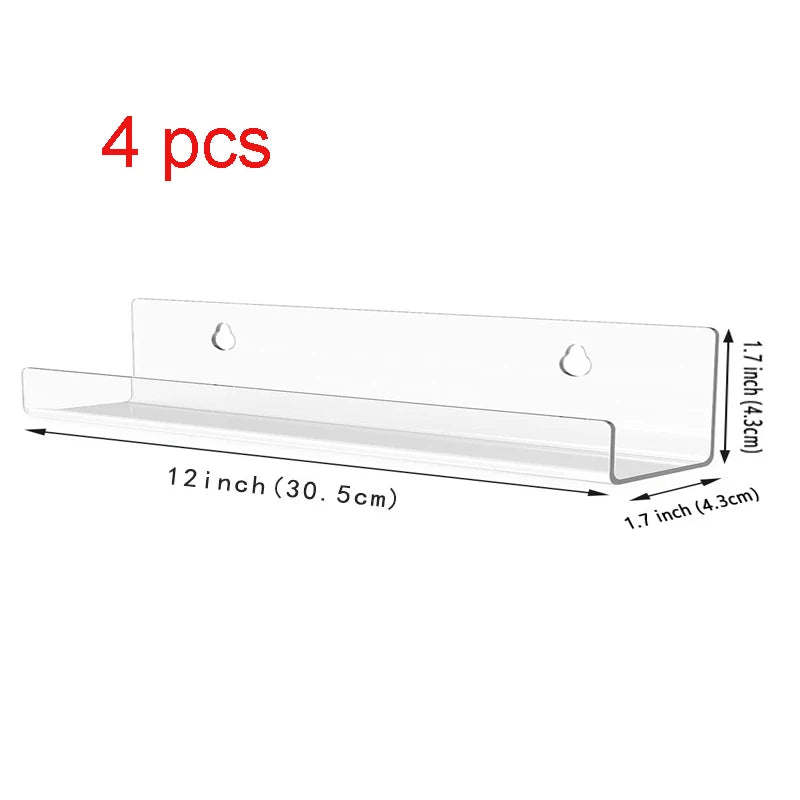 Four clear acrylic floating record shelves, measuring 12 inches long and 1.7 inches deep.