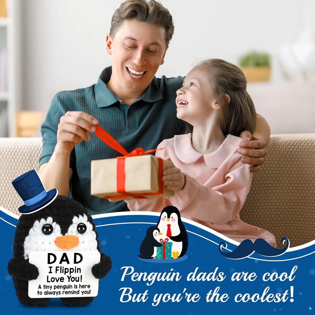 A father and daughter smiling while wrapping a gift, with a penguin plush doll in the foreground.