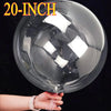 A hand holds a large 20-inch clear bubble balloon, showing its reflective surface.