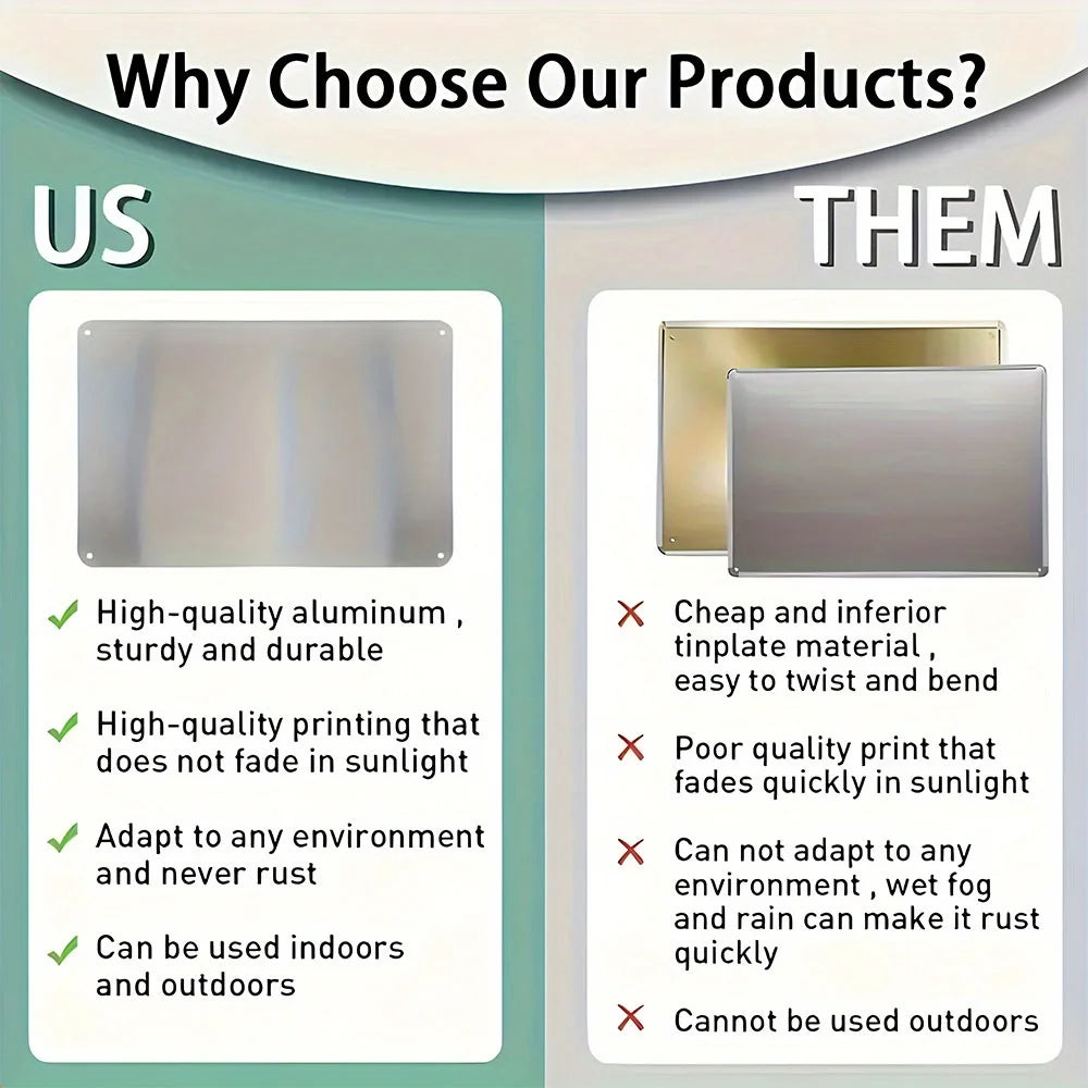 Comparison chart showing advantages of our metal wall art sign over a competitor's product.