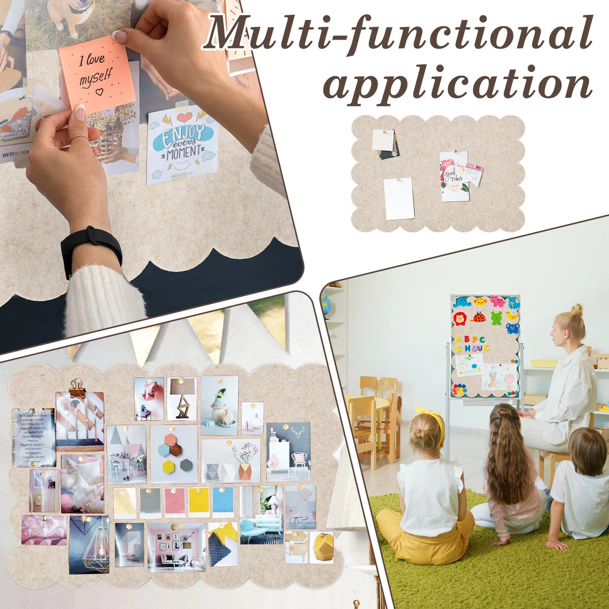 A multi-functional application featuring a scalloped felt bulletin board with cloud-shaped design and various photos.
