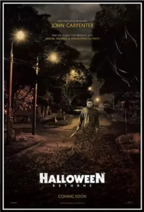 Poster for Halloween Returns featuring John Carpenter and Michael Myers with spooky forest imagery