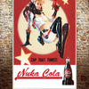 A vibrant banner featuring a woman in a white outfit holding a red can of Nuka Cola against a red background.