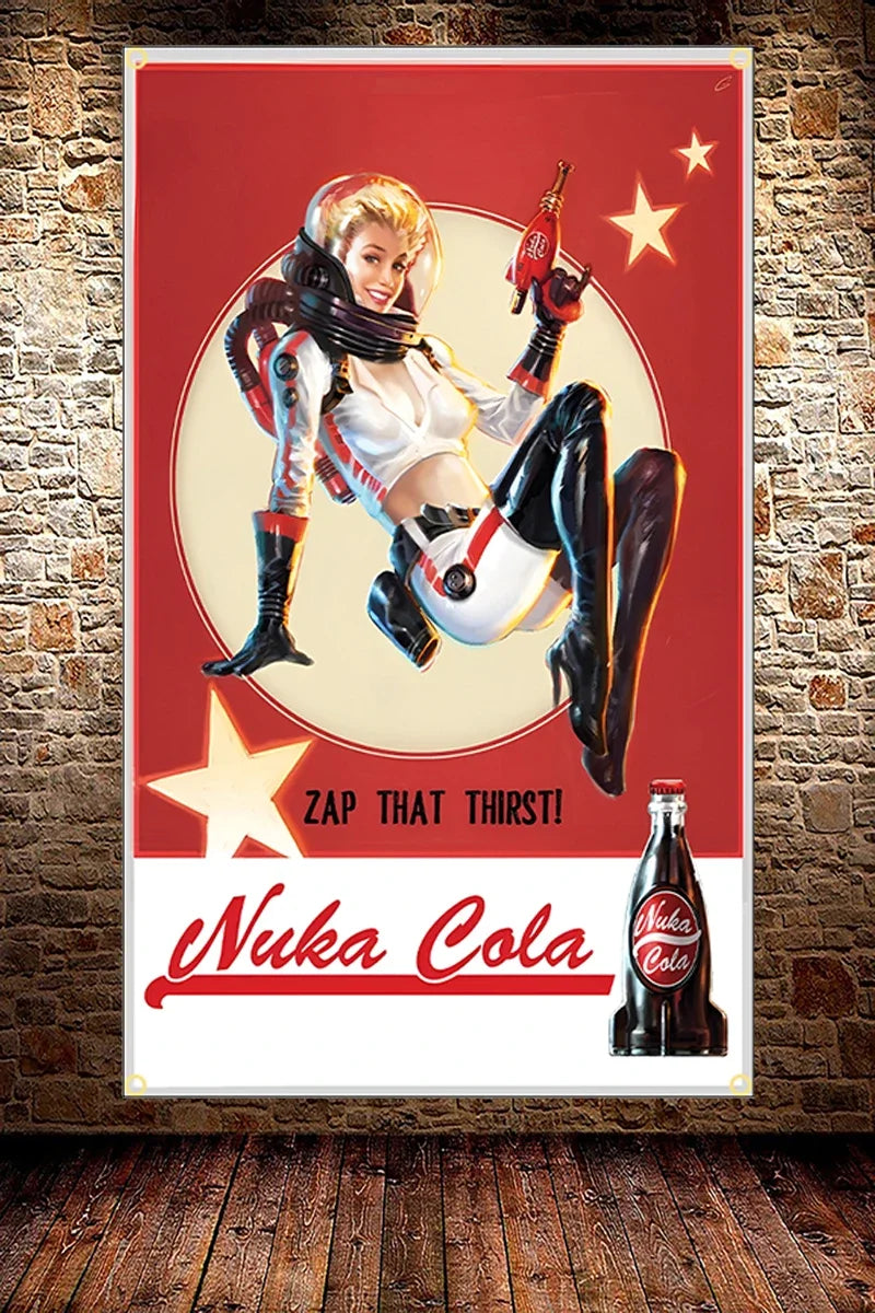 A vibrant banner featuring a woman in a white outfit holding a red can of Nuka Cola against a red background.