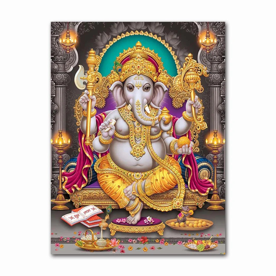 Golden Ganesha canvas art print featuring Lord Ganesha with Shiva and Parvati in a divine setting.