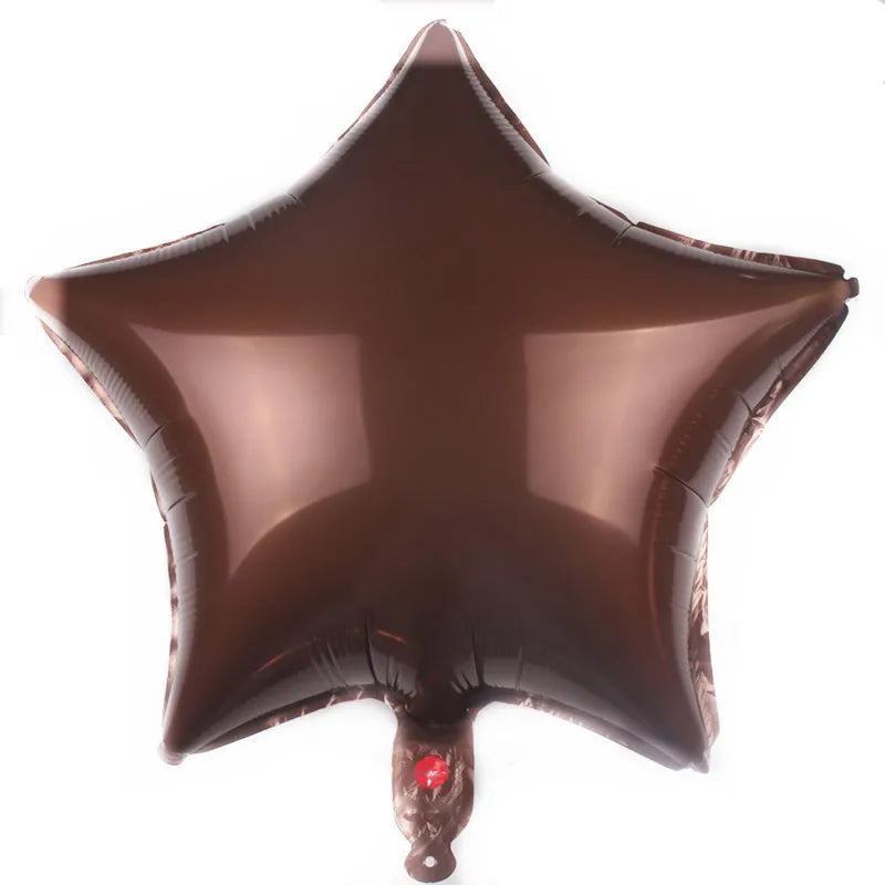 A dark brown foil star and heart balloon assortment.