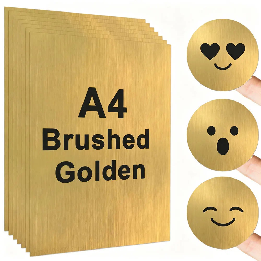 A4 brushed golden vinyl sticker paper with ten sheets, featuring a smiling face emoji design.