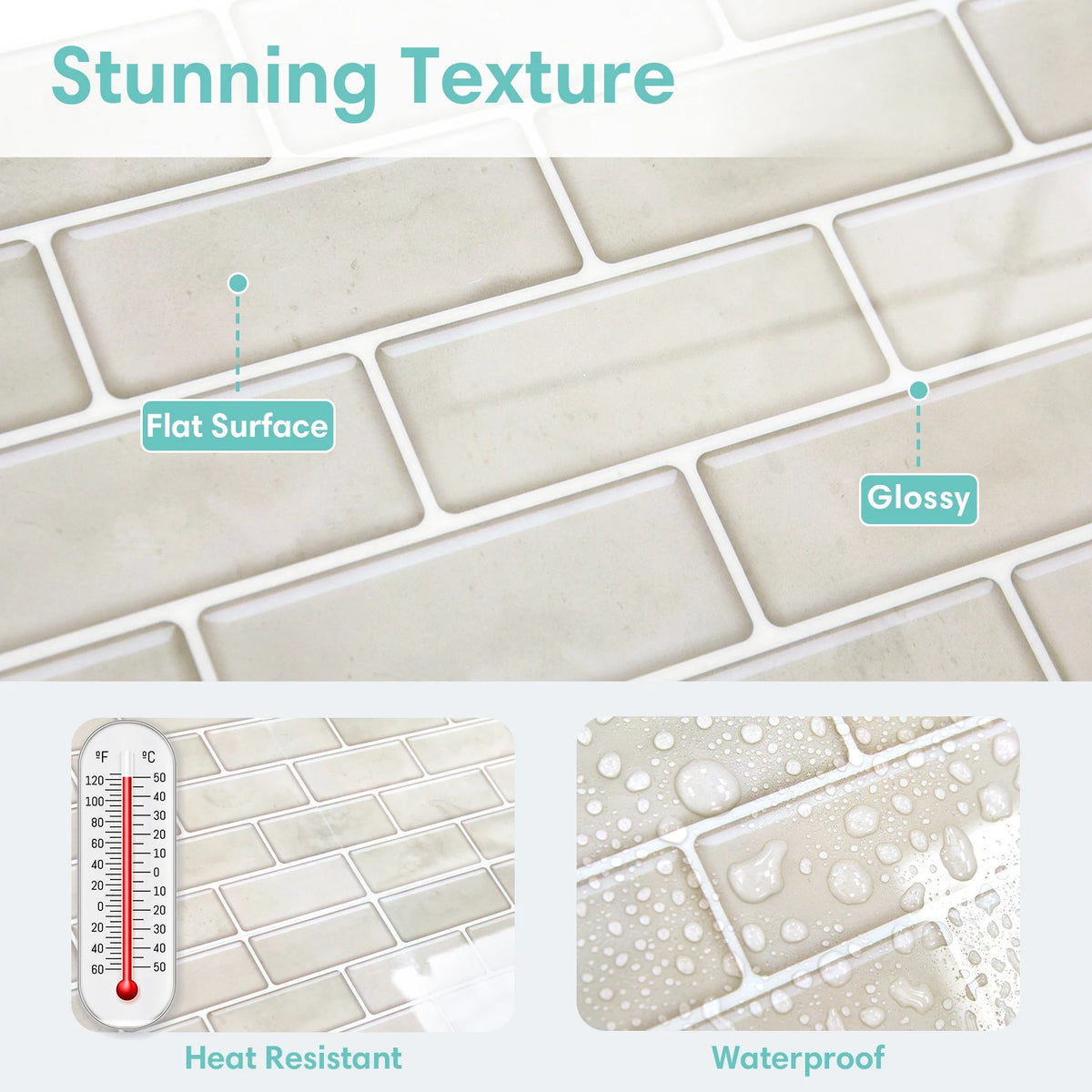 Close-up of glossy peel-and-stick tile wall stickers showing flat surface and waterproof texture.