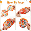 Instructions showing how to fold a portable fabric hand fan with an orange and pink floral pattern.