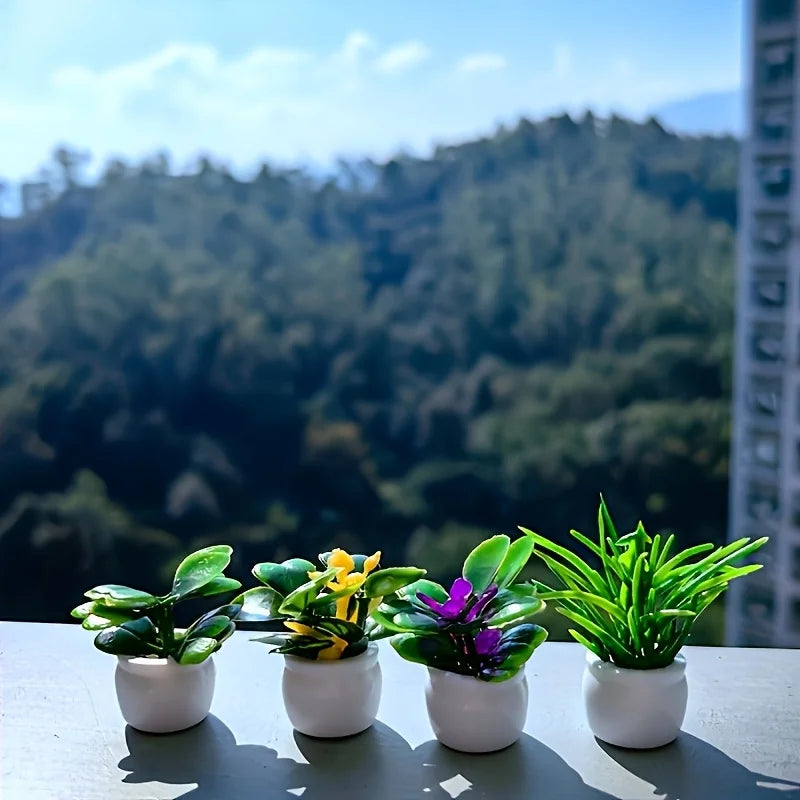A set of four small potted green plants displayed on a light surface against a blurred green hillside.