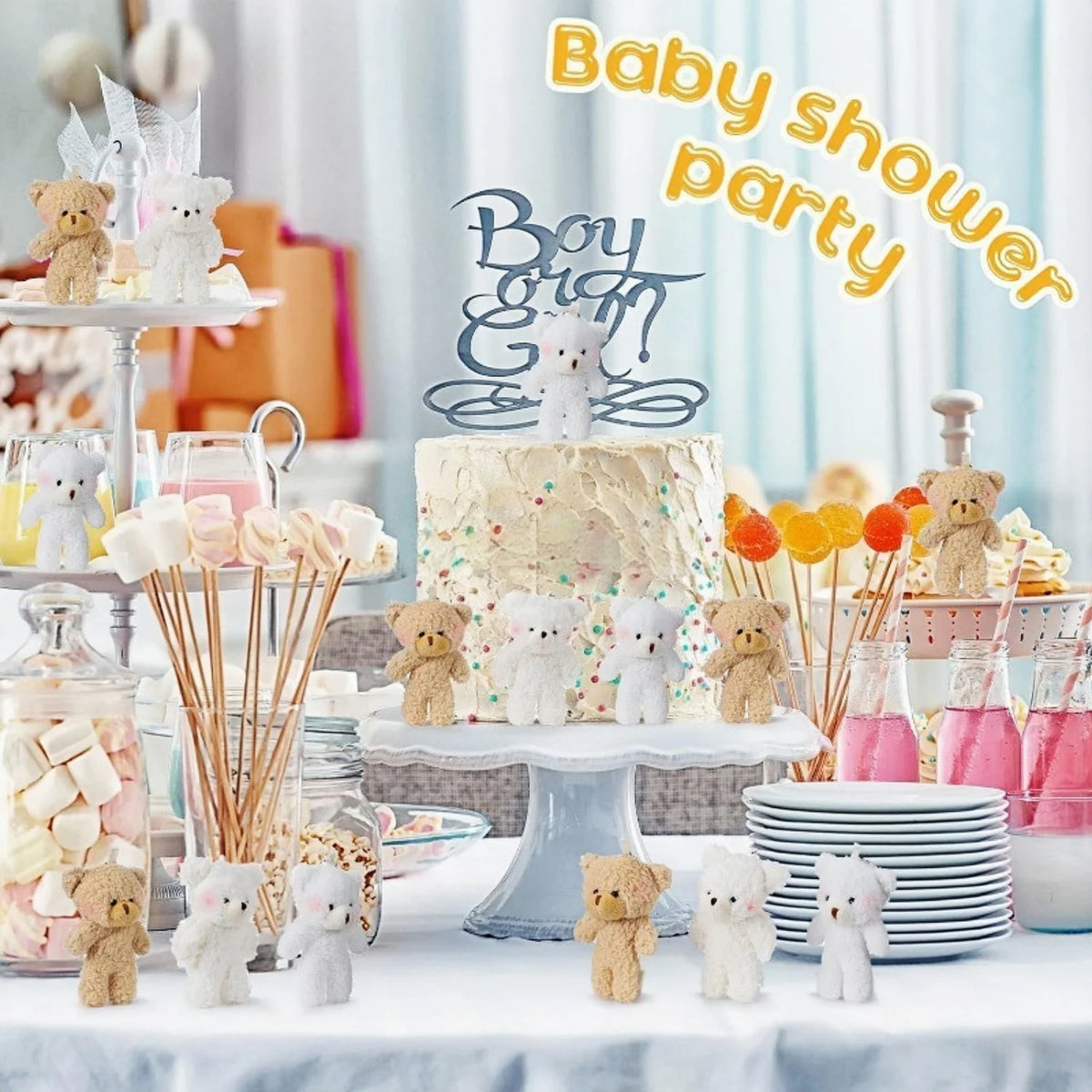 A baby shower party setup featuring mini plush teddy bear keychains and various decorative items.