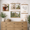 A collection of three framed botanical prints and a text print displayed on a white wall above a wooden dresser.