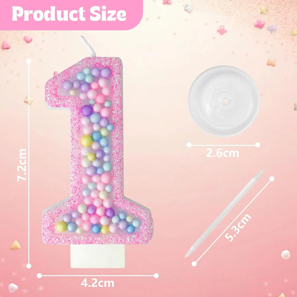 A pink glitter number one candle and a white circular lid for a birthday set.