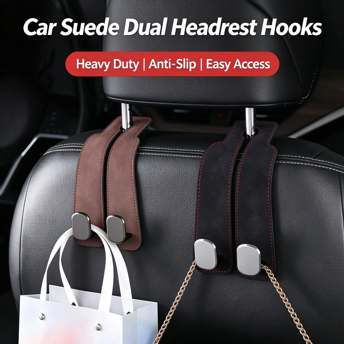 Suede Car Headrest Hooks for Bags and Groceries