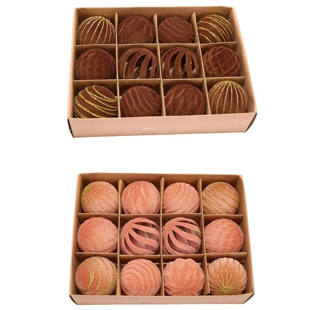 A set of twelve velvet Christmas hanging ornaments in various shades of brown and gold are displayed in a cardboard box.