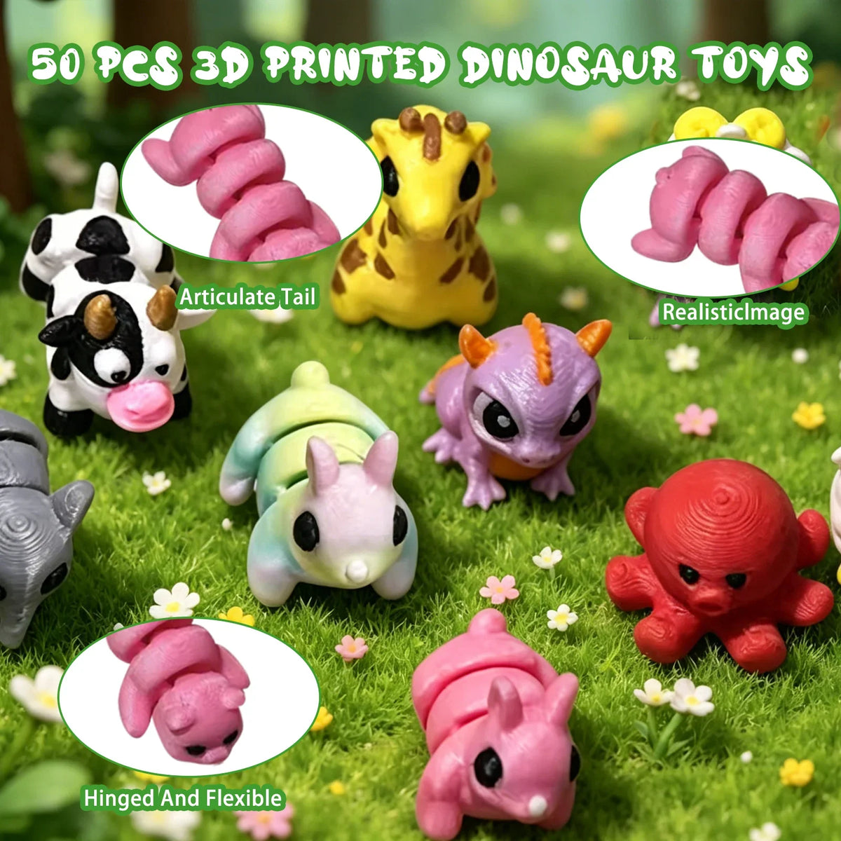 A collection of 50 pcs 3D printed dinosaur toys including a cow, a yellow dinosaur, and pink dinosaurs.