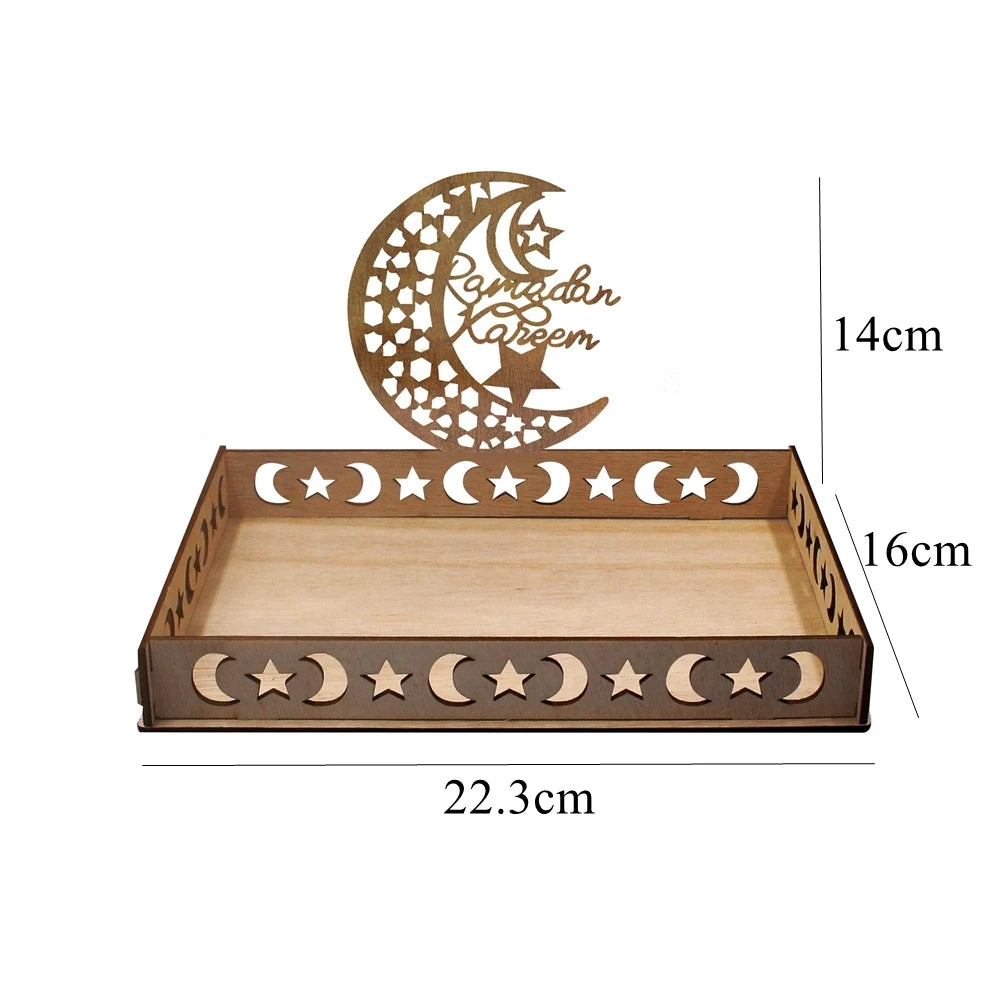 Bandeja de madera con diseño de media luna y estrella islámica para decoración de Ramadán