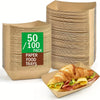 A stack of brown kraft paper food trays is shown next to a single tray filled with a sandwich.