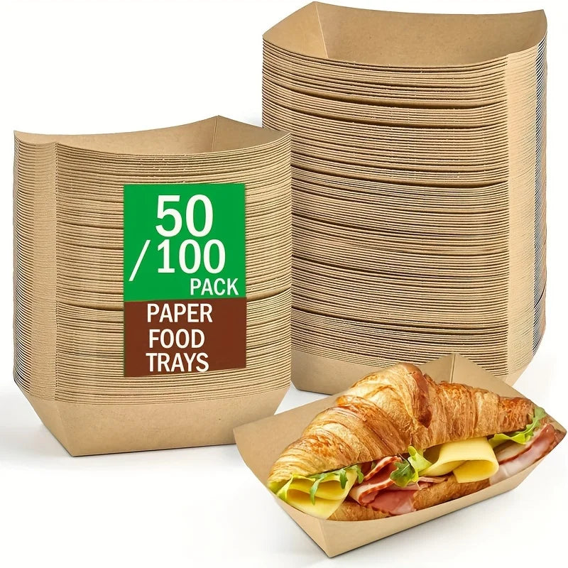 A stack of brown kraft paper food trays is shown next to a single tray filled with a sandwich.