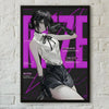 A dark poster featuring a stylized anime character with purple text and black accents.