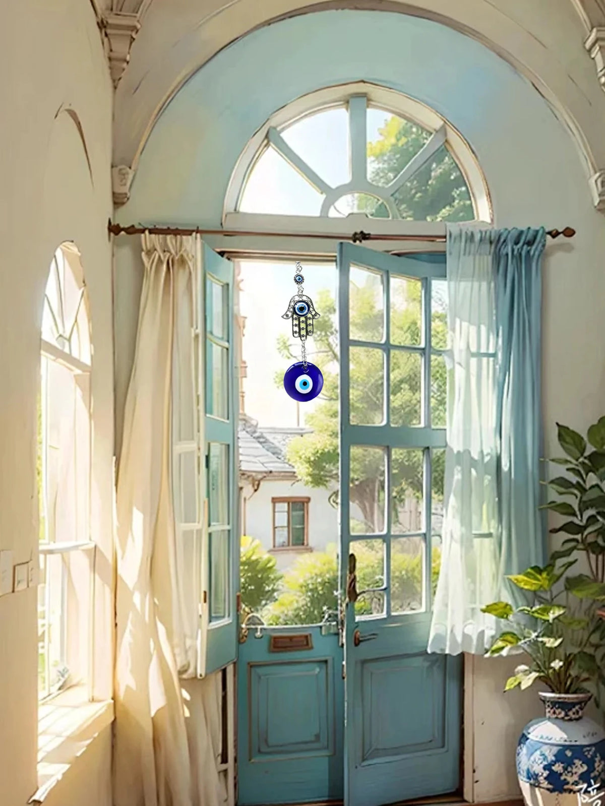A light blue wooden door with glass panels and curtains in a bright interior setting.