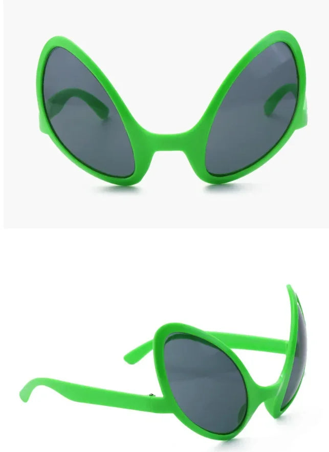 A pair of bright green, quirky sunglasses with dark gray lenses shown in a close-up view.
