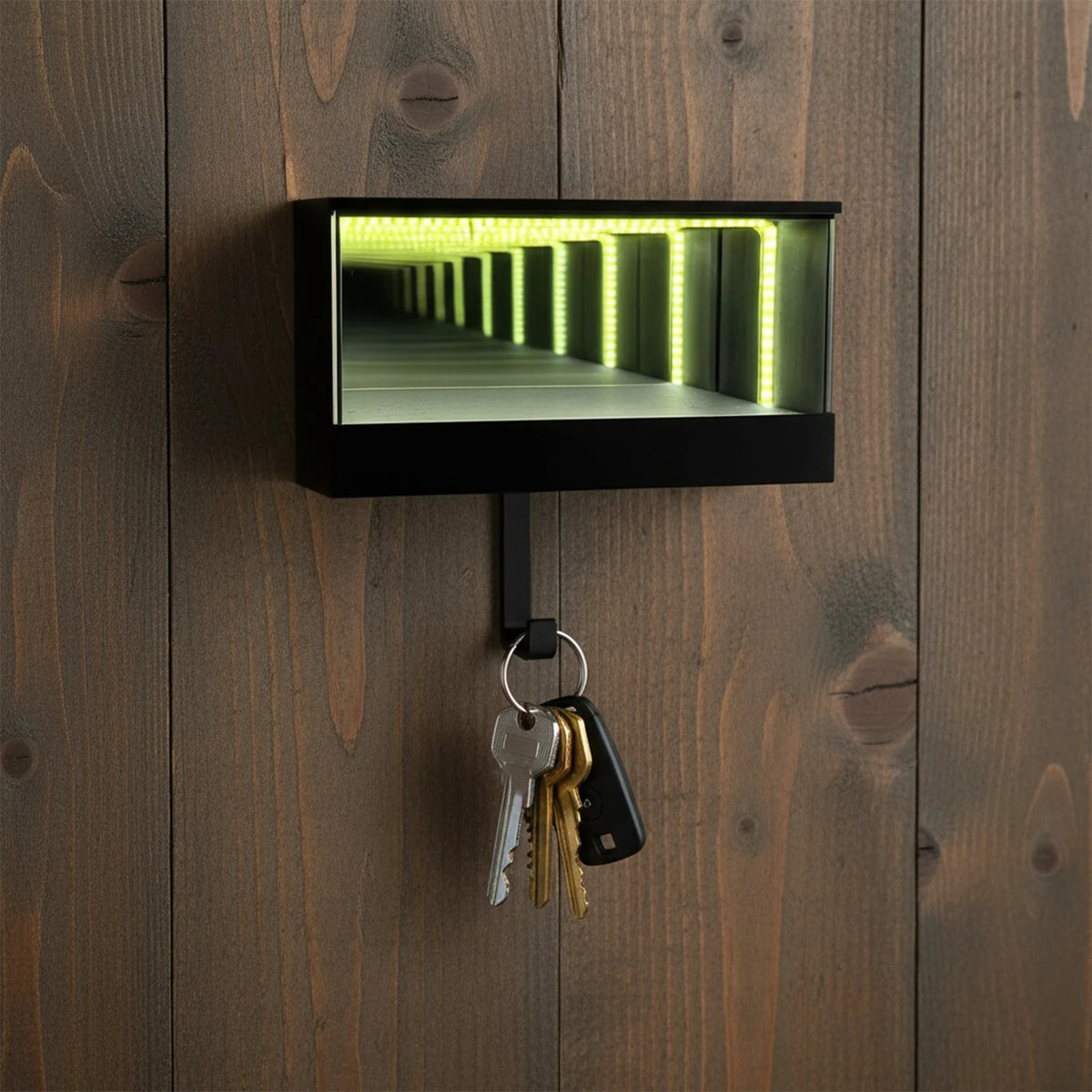 A black rectangular keychain holder with an LED tunnel effect is mounted on a dark wooden door.