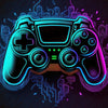 A glowing neon blue and purple video game controller is depicted with circuit board patterns on a dark background.