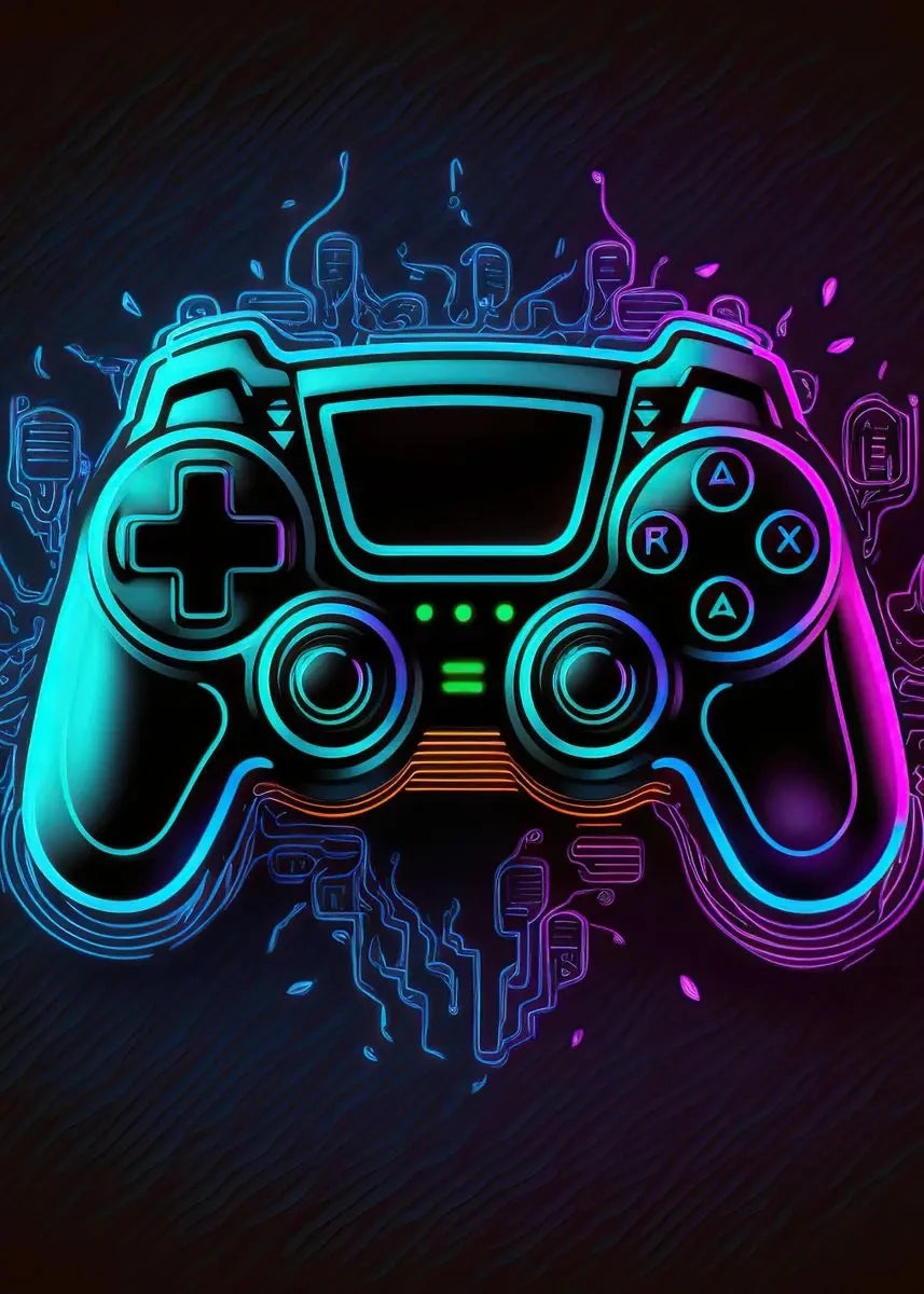 A glowing neon blue and purple video game controller is depicted with circuit board patterns on a dark background.