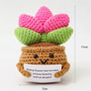 Handmade crochet potato doll with pink and green flowers and an inspirational card