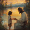 A painting depicting Jesus and a young child sitting together by a body of water at sunset.
