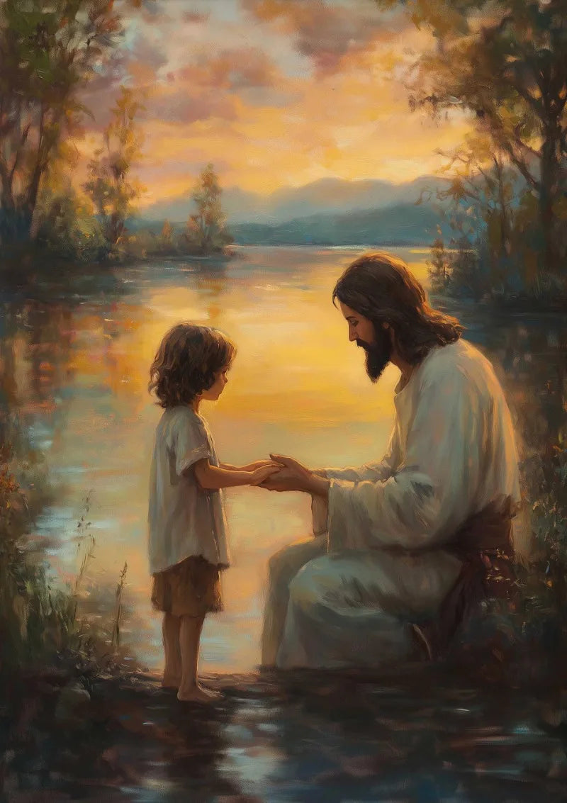 A painting depicting Jesus and a young child sitting together by a body of water at sunset.