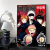 A vertical canvas print featuring a dark, dramatic illustration of Jujutsu Kaisen characters in a fierce style.