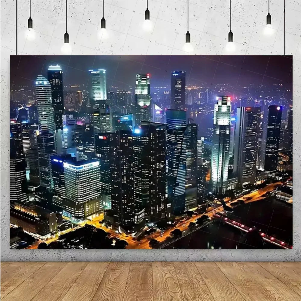 A photograph of a sprawling night city skyline featuring numerous illuminated high-rise buildings.