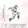 Line drawing of a female figure in a dynamic pose demonstrating the size of an Art Deco metal wall decor.