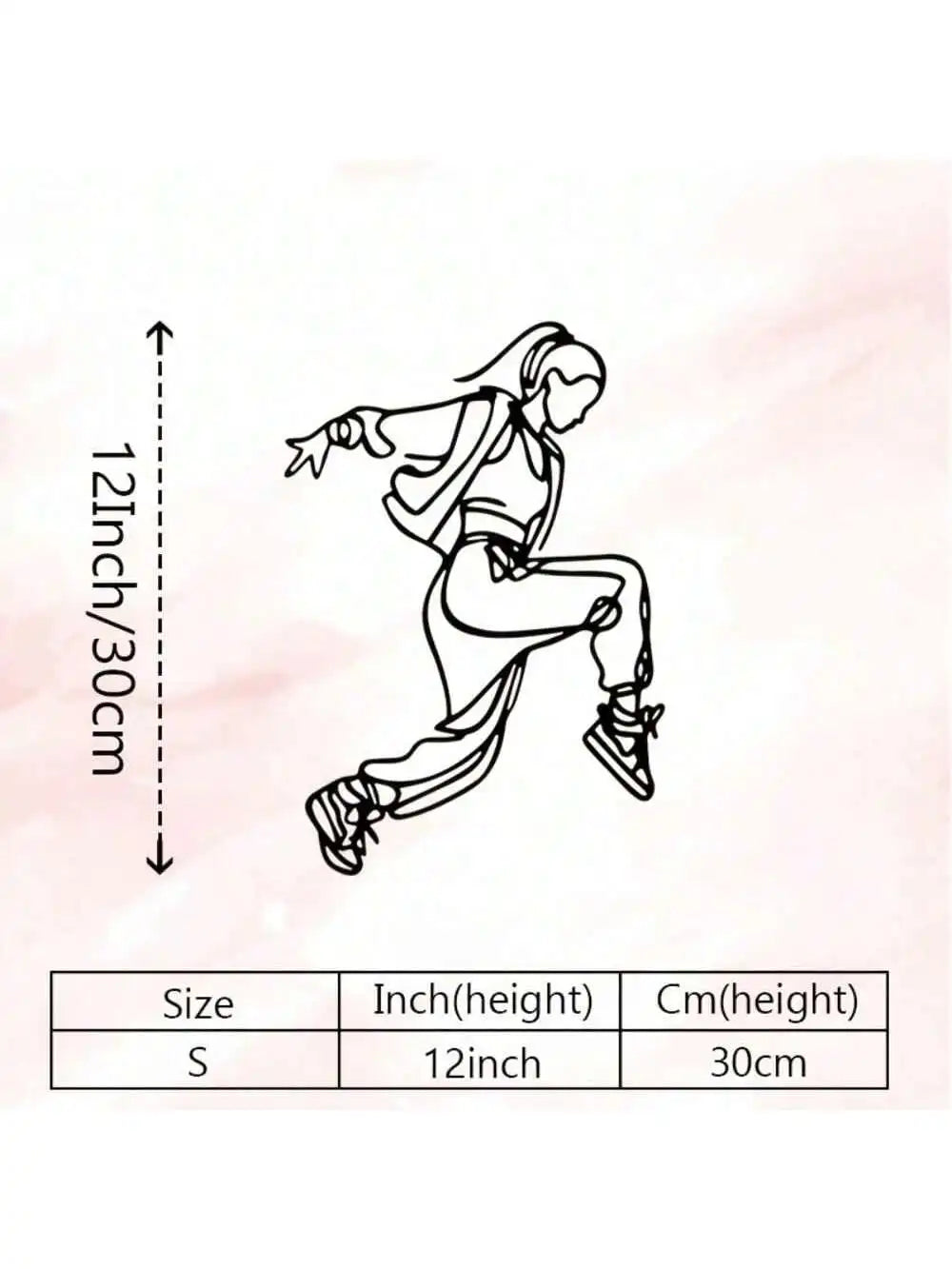 Line drawing of a female figure in a dynamic pose demonstrating the size of an Art Deco metal wall decor.
