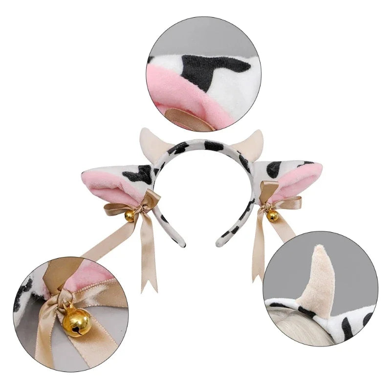 Kawaii cow ears headband featuring black and pink faux fur, bells, and a ribbon bow.