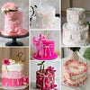 A set of elegant pearl bow cake toppers and decorations for a pink and white tiered cake.