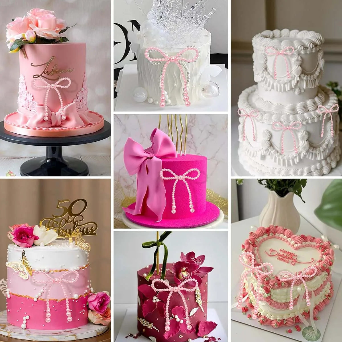 A set of elegant pearl bow cake toppers and decorations for a pink and white tiered cake.