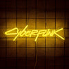 A glowing yellow neon sign spelling out CYBERPUNK hanging against a dark, grid-patterned wall.