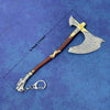 A miniature collectible sword resembling a Katana, featuring a brown hilt and a silver blade, shown against a blue background