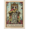 A tarot card illustration depicting The High Priestess seated on a throne with regal attire and ornate details.
