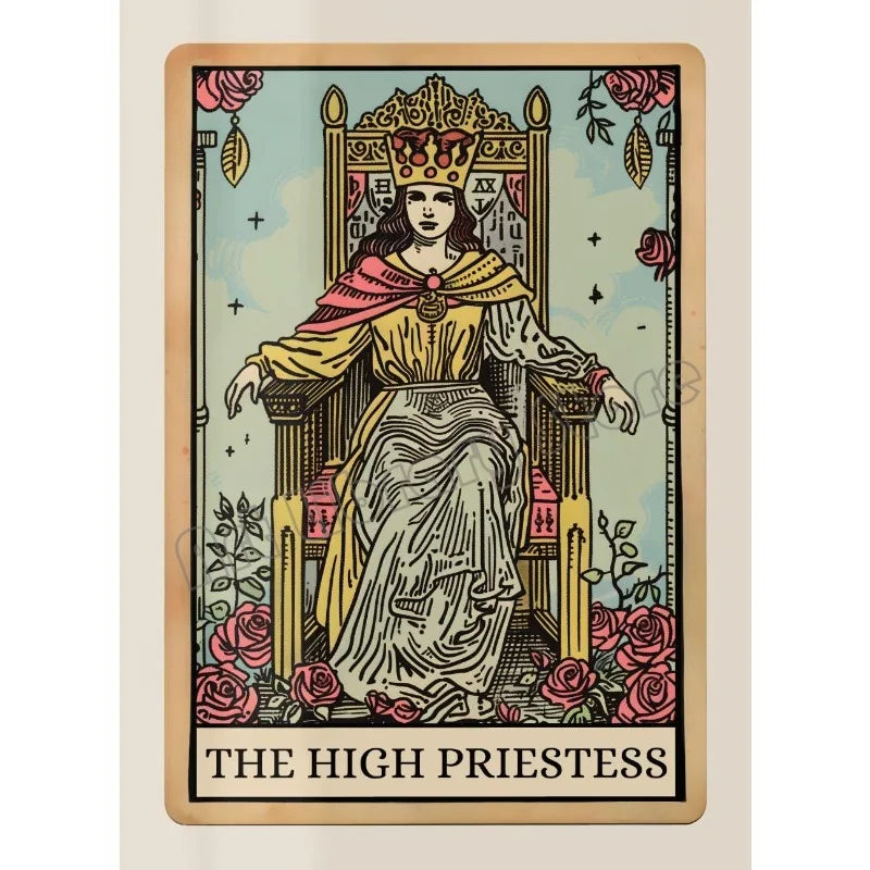 A tarot card illustration depicting The High Priestess seated on a throne with regal attire and ornate details.