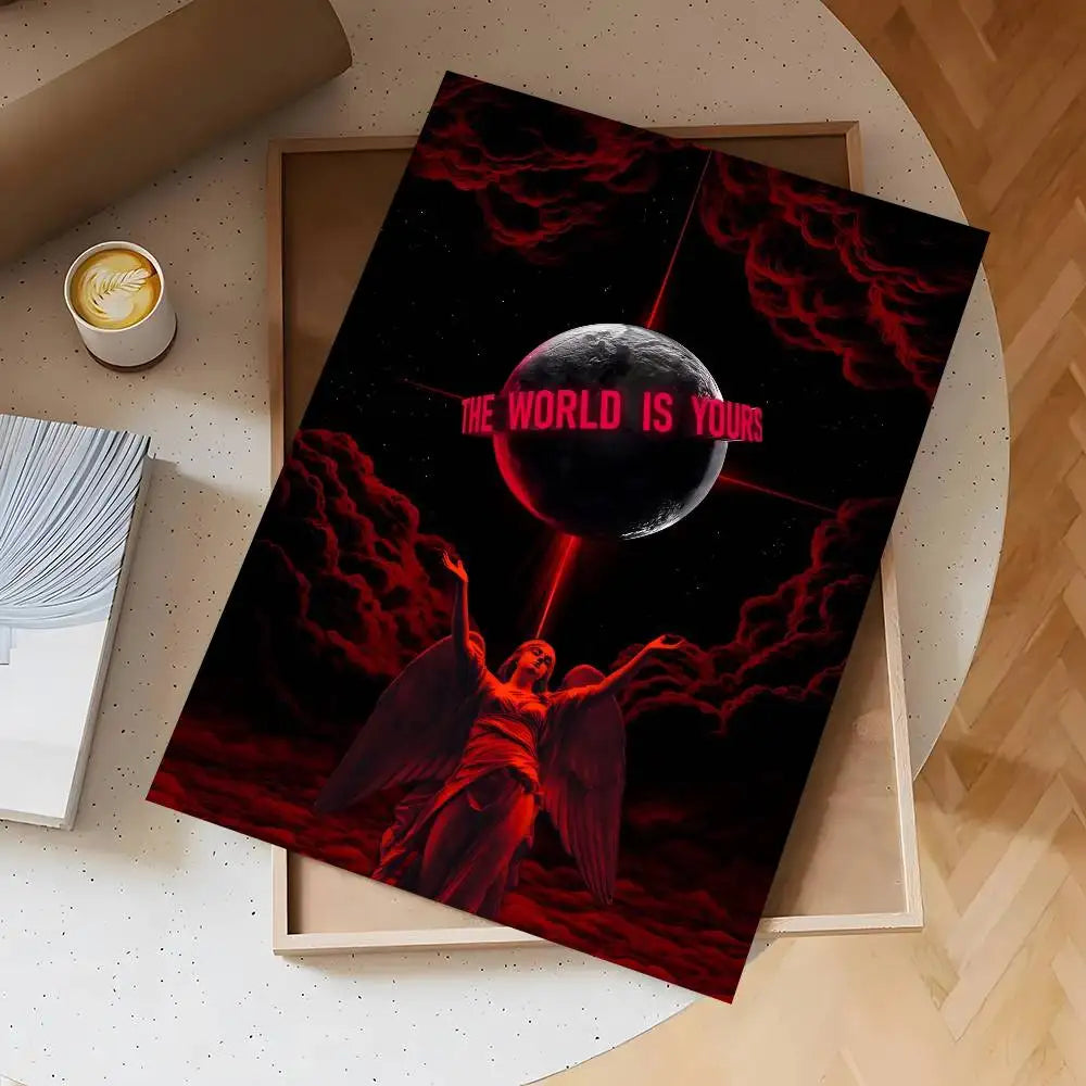 A dark poster featuring a winged figure against a background of red, stormy clouds and a glowing sphere titled The World Is Y