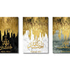 Set of three canvas art prints featuring Islamic calligraphy on gold and silver backgrounds.