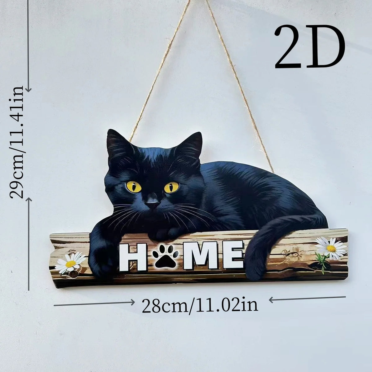 A black cat silhouette on a rustic wooden sign with the word HOME carved into it.